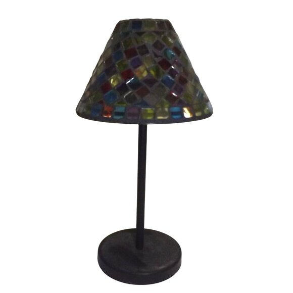 Mosaic Glass Table Votive Lamp Multicolor Stained Glass Shade Metal Base - Picture 1 of 13